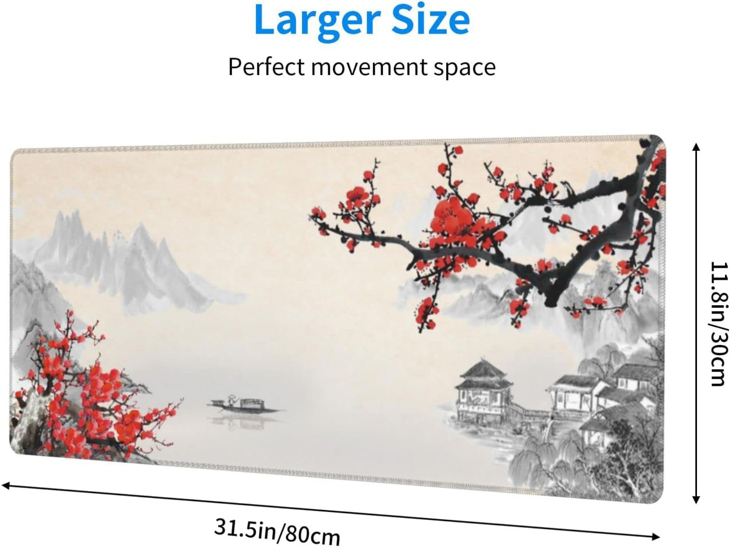 Japanese Cherry Blossom Gaming Mouse Pad, Extended Large Mouse Mat Desk Pad, Stitched Edges Mousepad, 3Mm Thick Long Non-Slip Rubber Base Mice Pad, 31.5 X 11.8 Inch