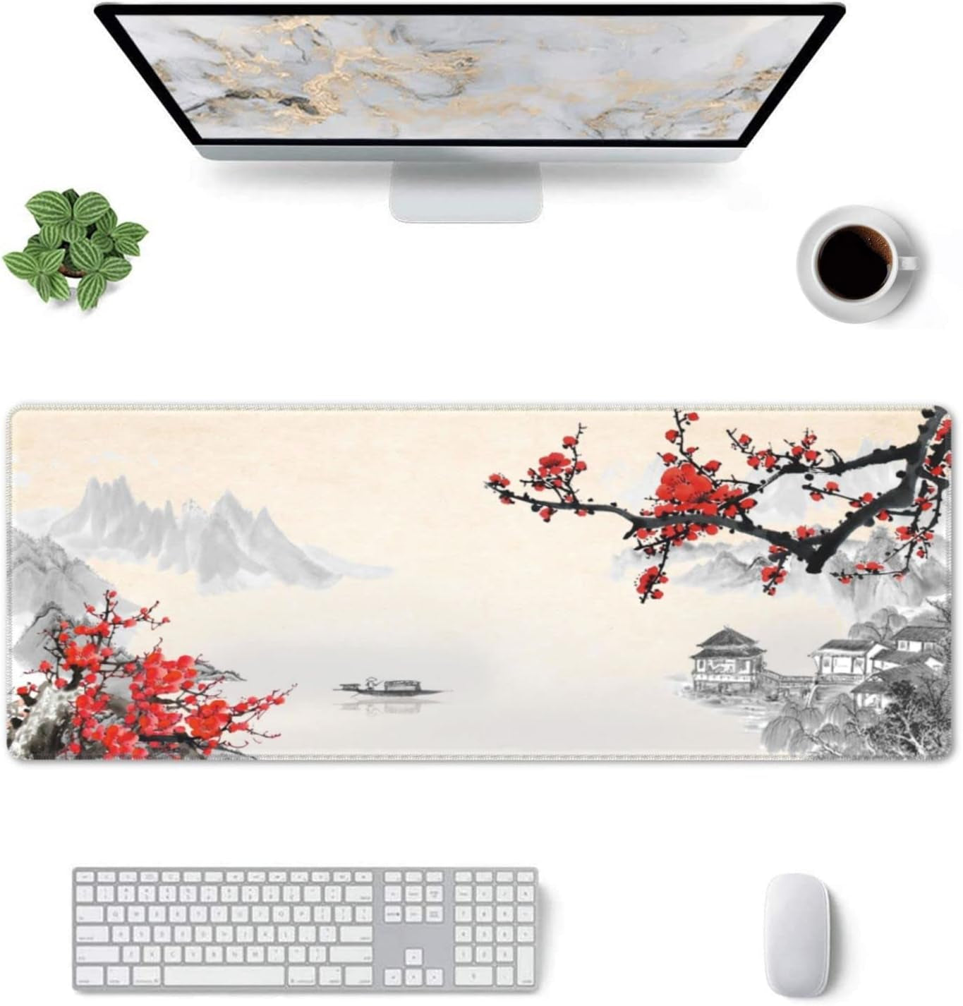 Japanese Cherry Blossom Gaming Mouse Pad, Extended Large Mouse Mat Desk Pad, Stitched Edges Mousepad, 3Mm Thick Long Non-Slip Rubber Base Mice Pad, 31.5 X 11.8 Inch